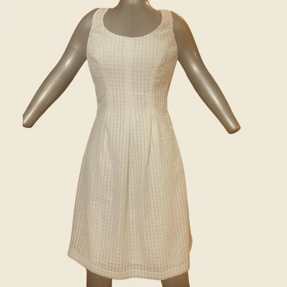 nine west pleated dress NINE WEST White Textured Check Pleated Dress